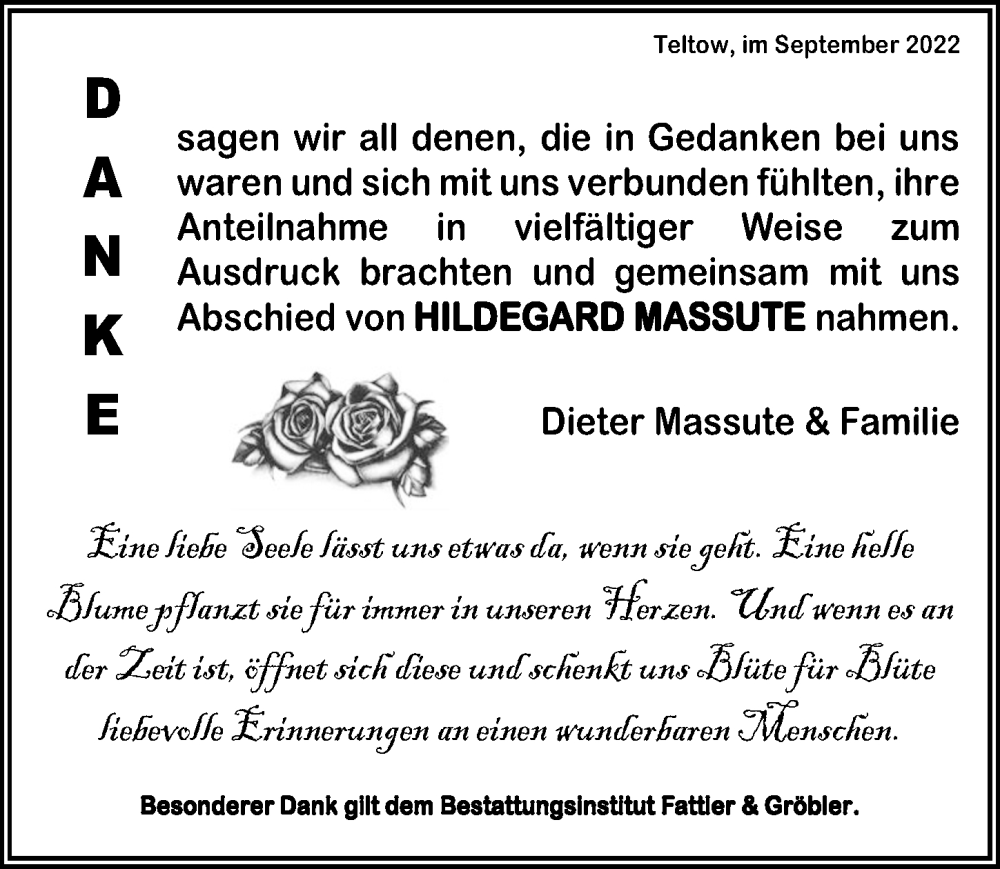  Traueranzeige für Hildegard Massute vom 10.09.2022 aus Märkischen Allgemeine Zeitung