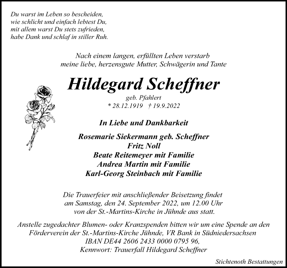  Traueranzeige für Hildegard Scheffner vom 22.09.2022 aus Göttinger Tageblatt