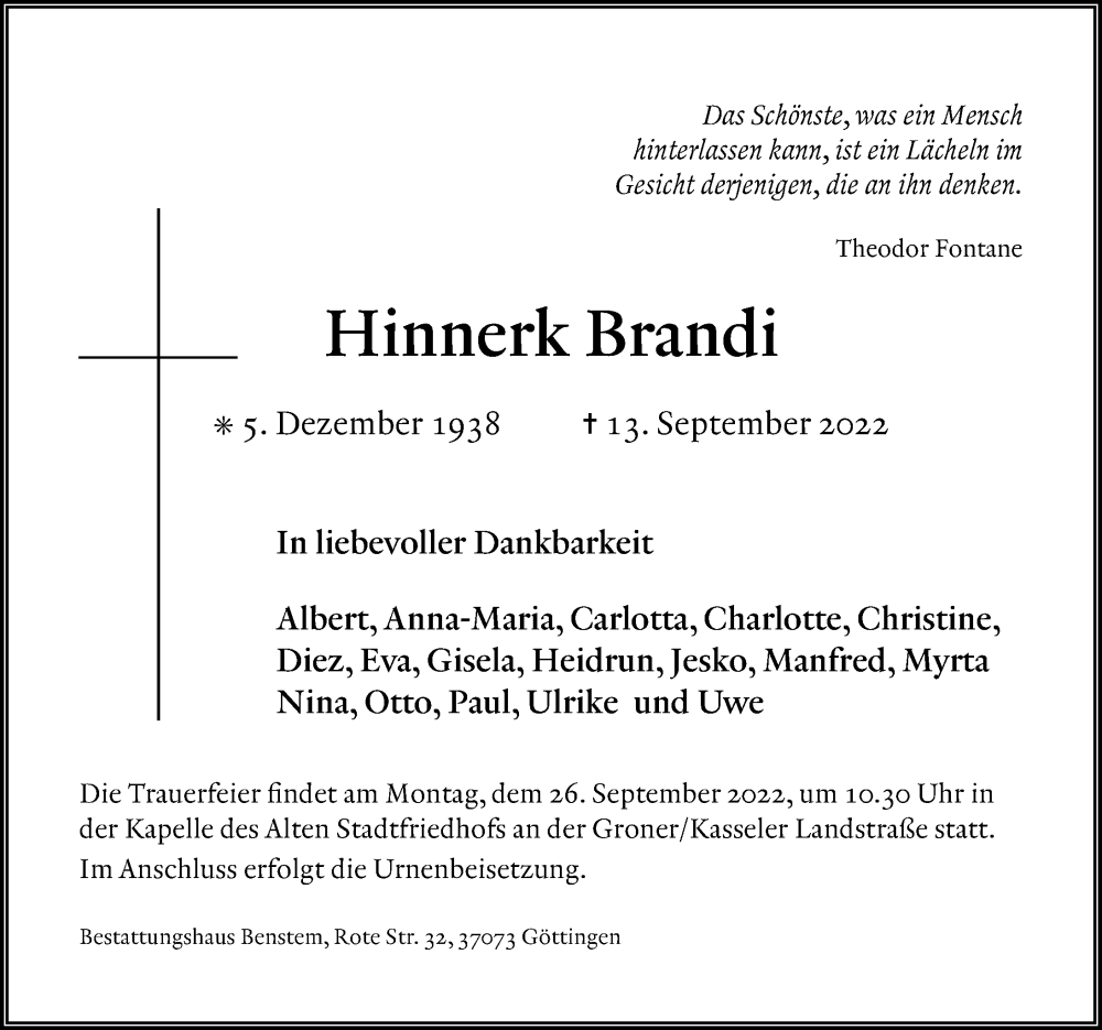  Traueranzeige für Hinnerk Brandi vom 17.09.2022 aus Göttinger Tageblatt