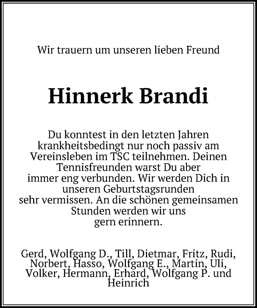  Traueranzeige für Hinnerk Brandi vom 24.09.2022 aus Göttinger Tageblatt