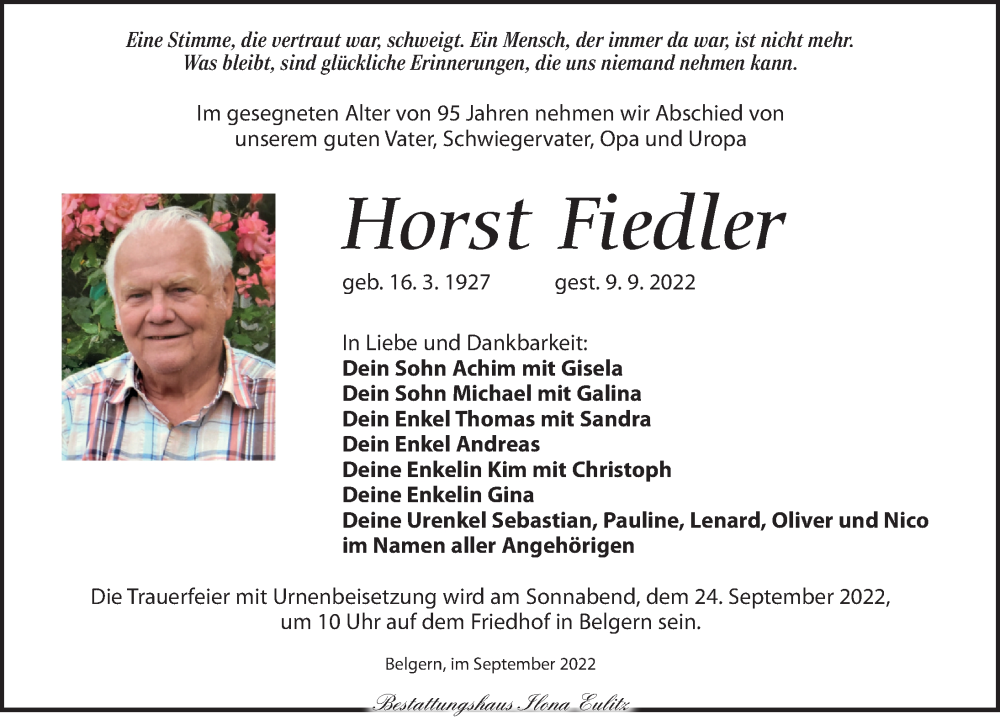  Traueranzeige für Horst Fiedler vom 17.09.2022 aus Torgauer Zeitung