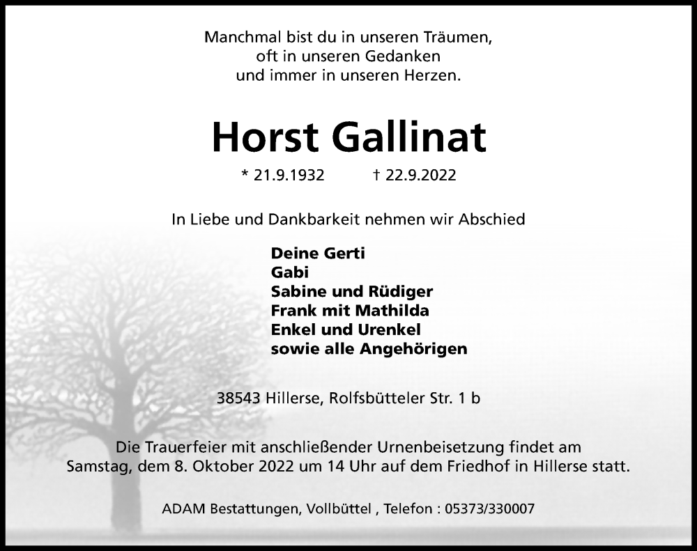 Traueranzeige für Horst Gallinat vom 29.09.2022 aus Aller Zeitung