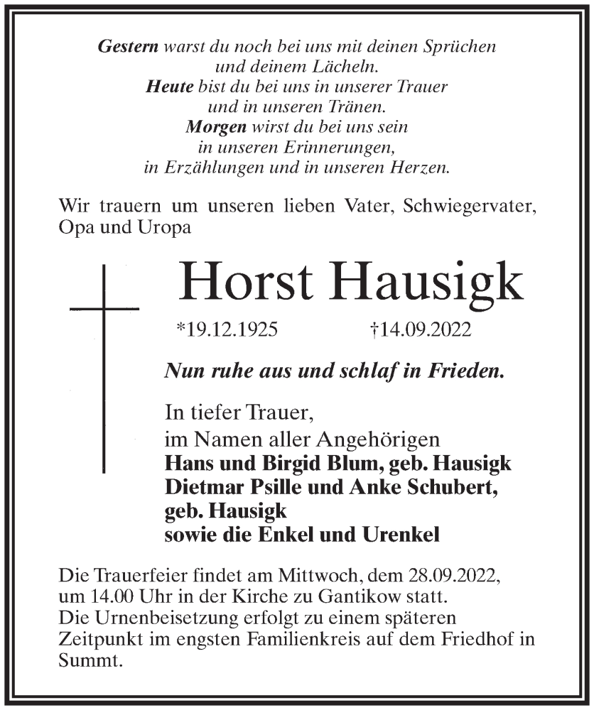  Traueranzeige für Horst Hausigk vom 17.09.2022 aus Märkischen Allgemeine Zeitung