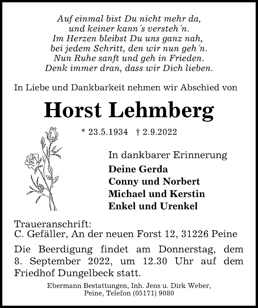  Traueranzeige für Horst Lehmberg vom 06.09.2022 aus Peiner Allgemeine Zeitung