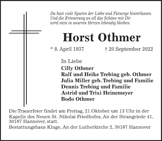 Traueranzeige von Horst Othmer von Hannoversche Allgemeine Zeitung/Neue Presse