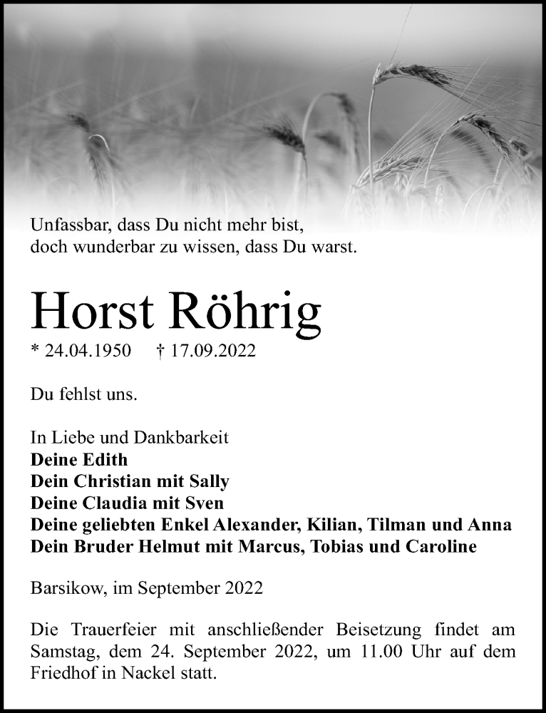  Traueranzeige für Horst Röhrig vom 21.09.2022 aus Märkischen Allgemeine Zeitung
