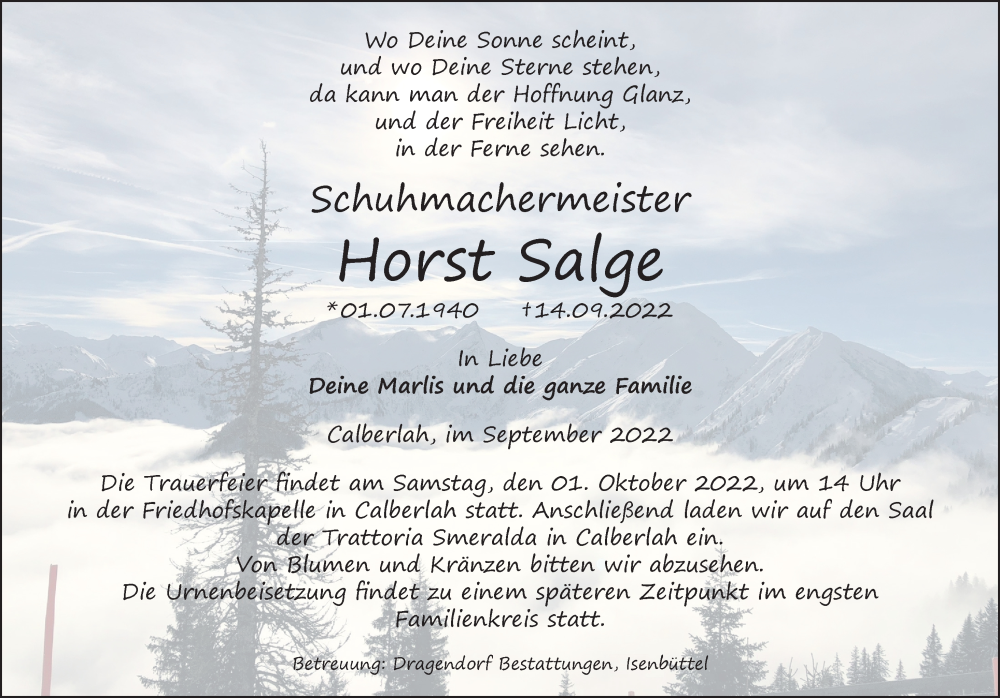  Traueranzeige für Horst Salge vom 17.09.2022 aus Aller Zeitung