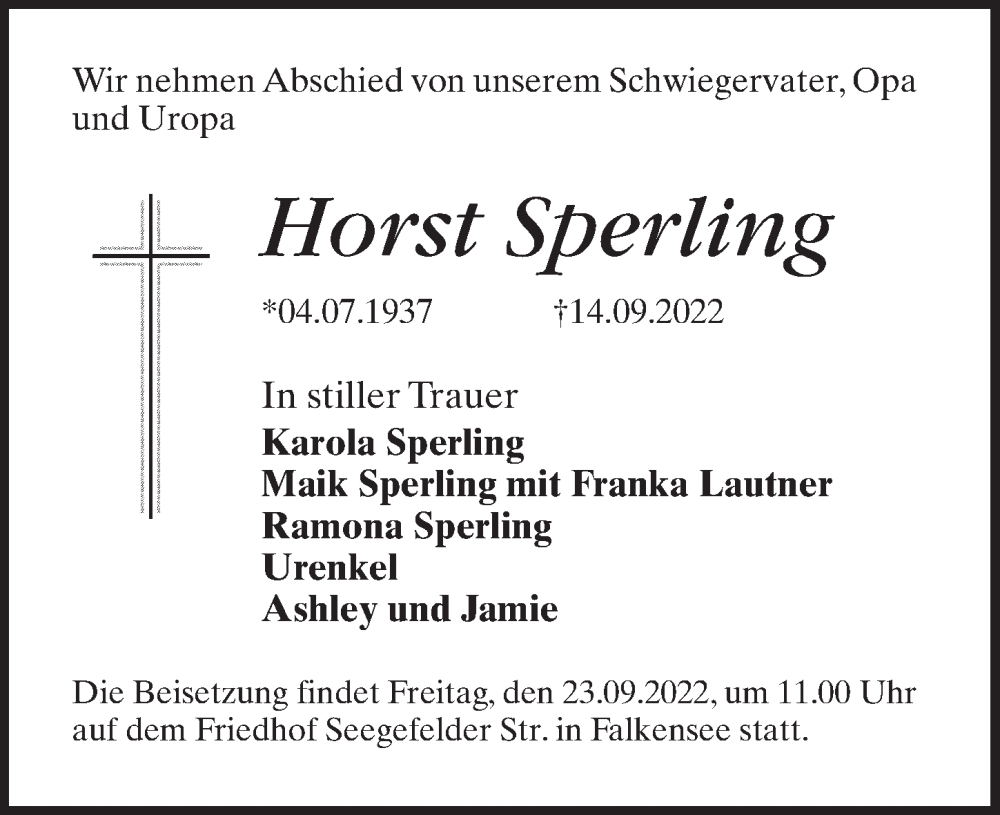  Traueranzeige für Horst Sperling vom 17.09.2022 aus Märkischen Allgemeine Zeitung