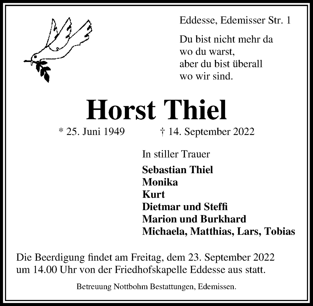  Traueranzeige für Horst Thiel vom 17.09.2022 aus Peiner Allgemeine Zeitung