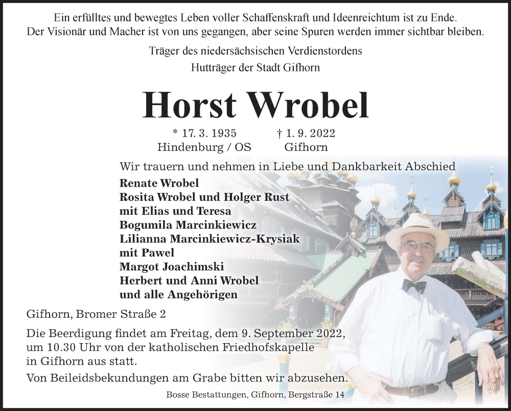  Traueranzeige für Horst Wrobel vom 03.09.2022 aus Aller Zeitung