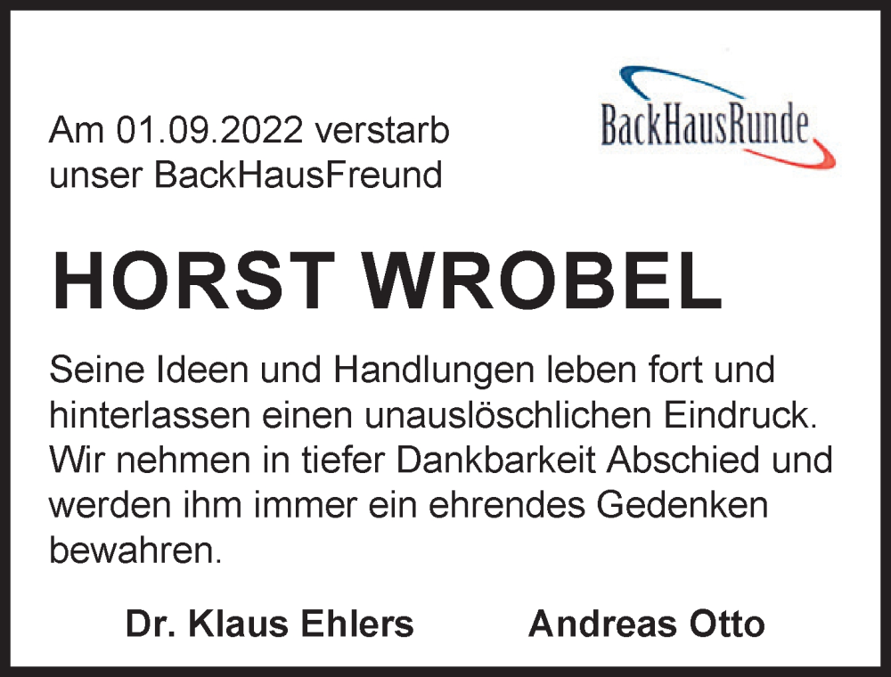  Traueranzeige für Horst Wrobel vom 09.09.2022 aus Aller Zeitung