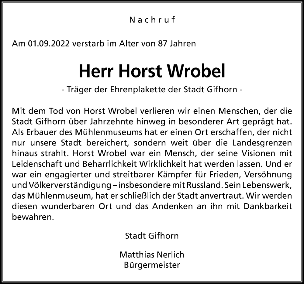  Traueranzeige für Horst Wrobel vom 08.09.2022 aus Aller Zeitung