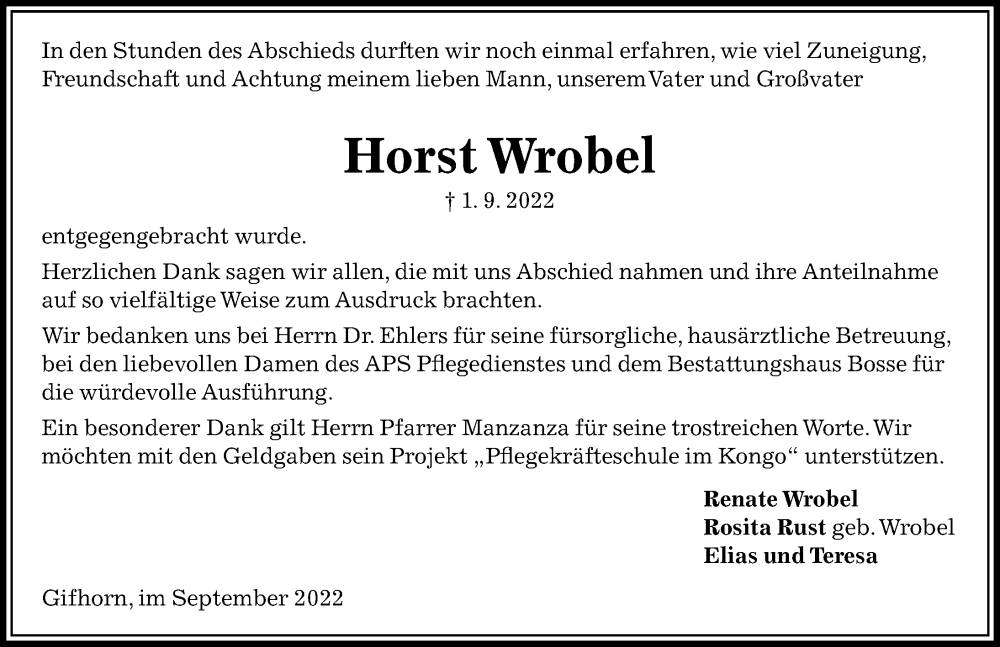  Traueranzeige für Horst Wrobel vom 30.09.2022 aus Aller Zeitung