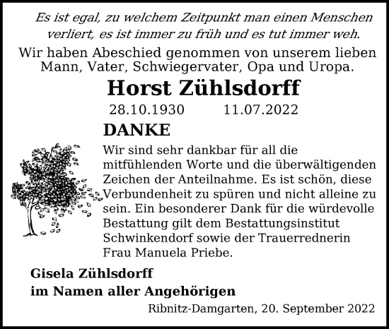 Traueranzeige von Horst Zühlsdorff von Ostsee-Zeitung GmbH