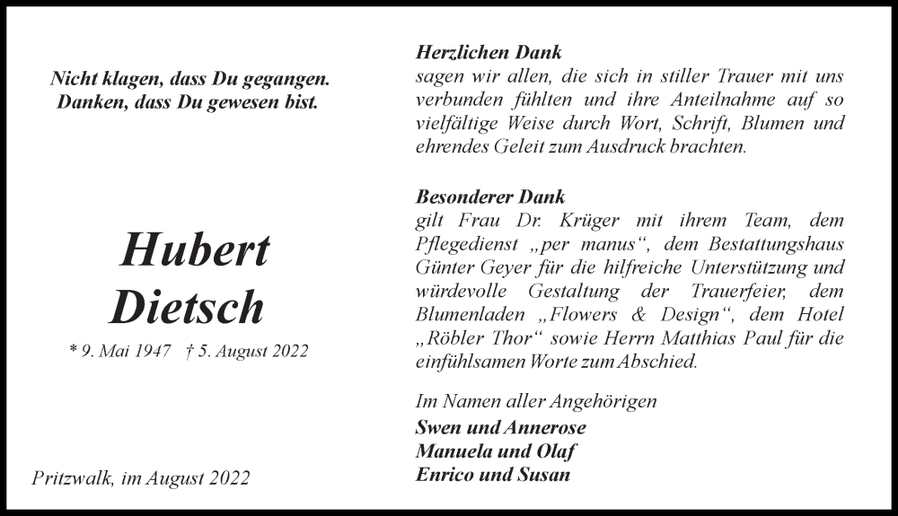  Traueranzeige für Hubert Dietsch vom 03.09.2022 aus Märkischen Allgemeine Zeitung