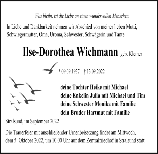 Traueranzeige von Ilse-Dorothea Wichmann von Ostsee-Zeitung GmbH