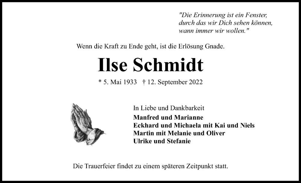  Traueranzeige für Ilse Schmidt vom 17.09.2022 aus Kieler Nachrichten