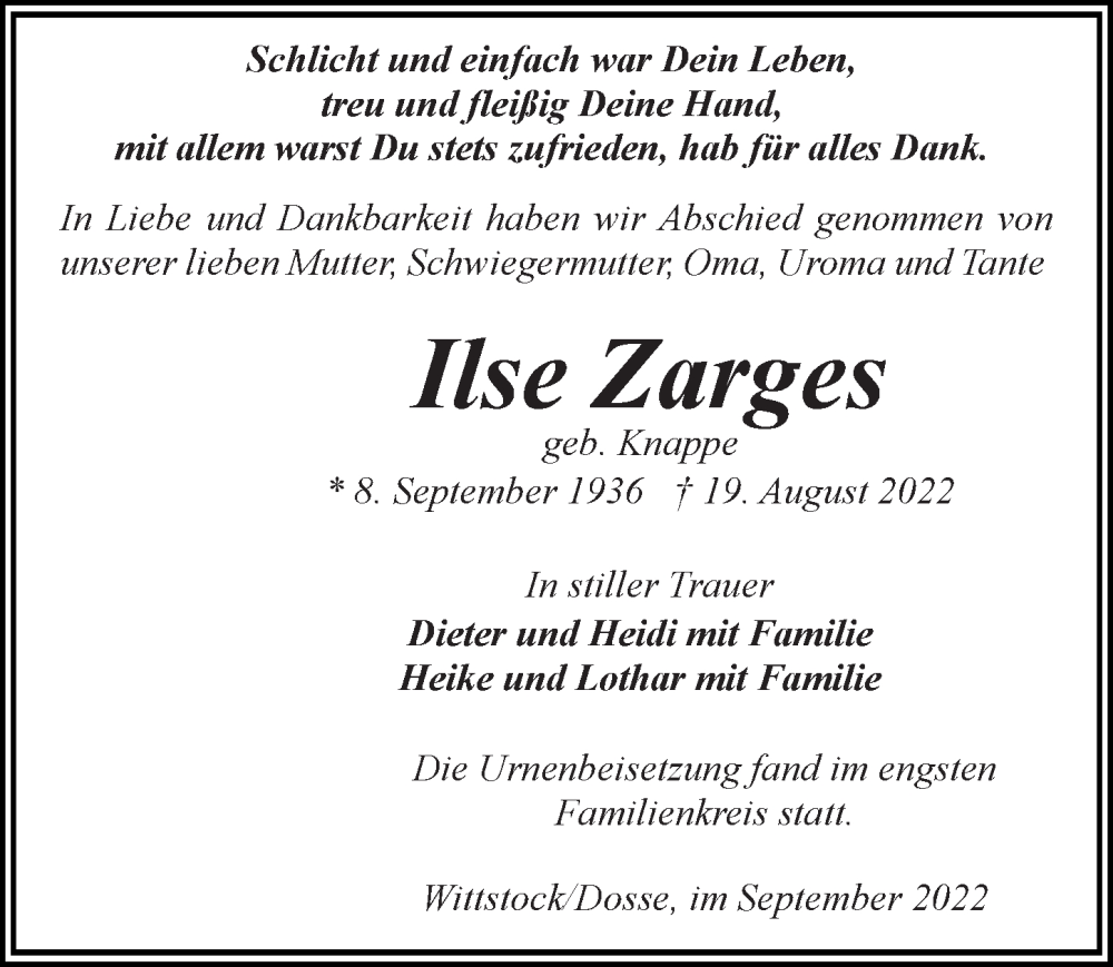  Traueranzeige für Ilse Zarges vom 03.09.2022 aus Märkischen Allgemeine Zeitung