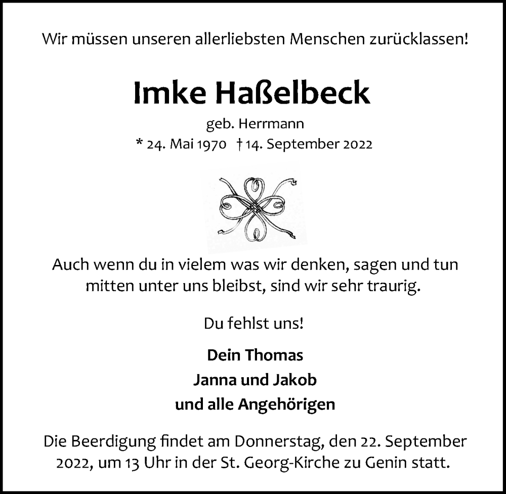  Traueranzeige für Imke Haßelbeck vom 18.09.2022 aus Lübecker Nachrichten