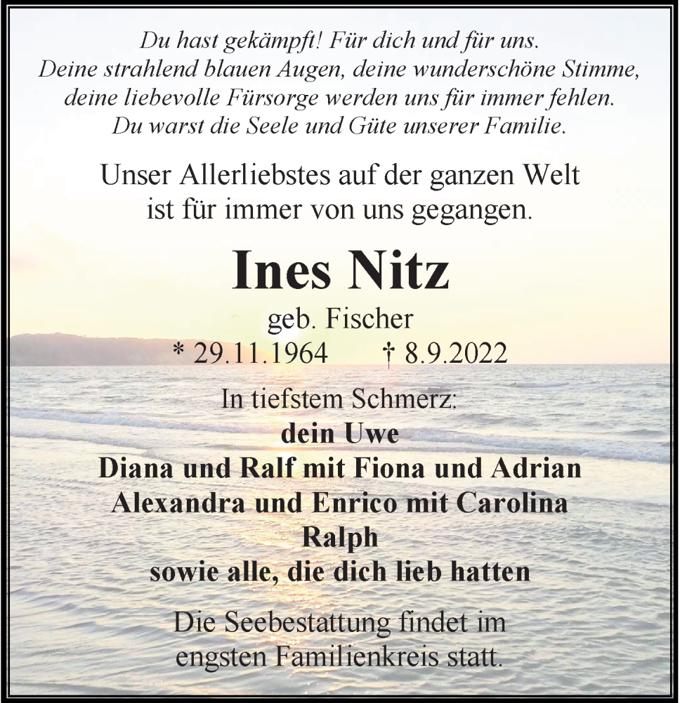  Traueranzeige für Ines Nitz vom 17.09.2022 aus Ostsee-Zeitung GmbH