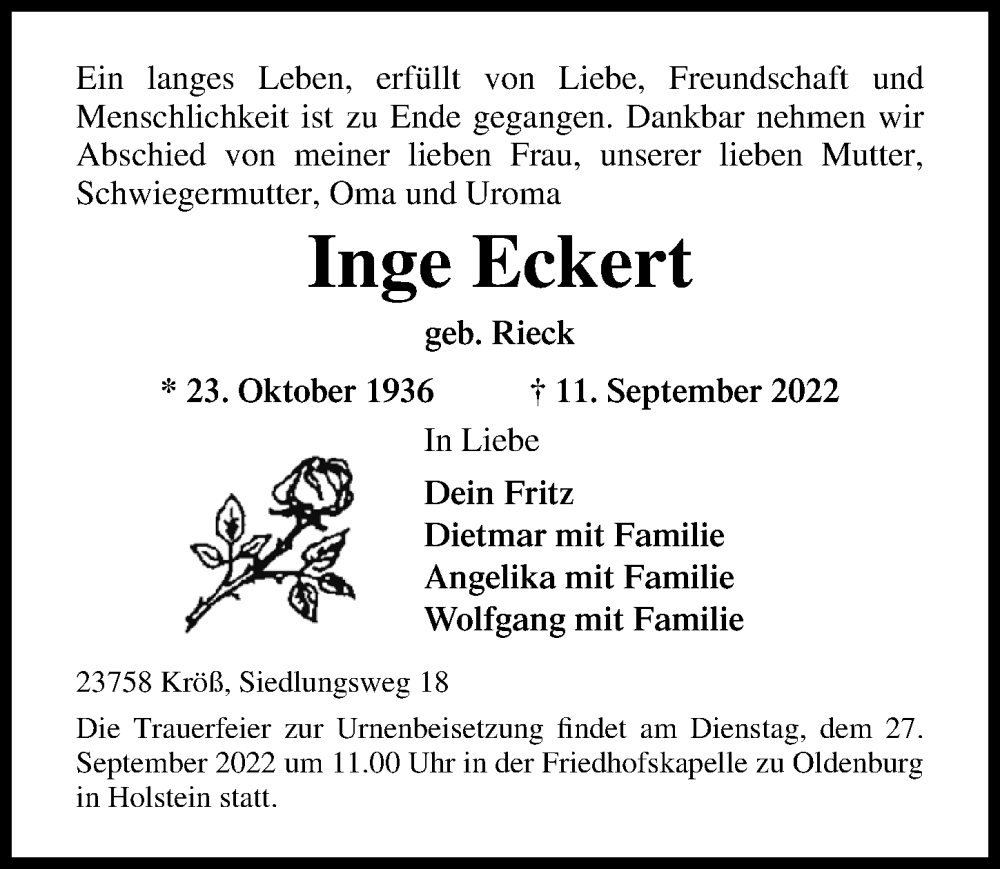  Traueranzeige für Inge Eckert vom 22.09.2022 aus Lübecker Nachrichten