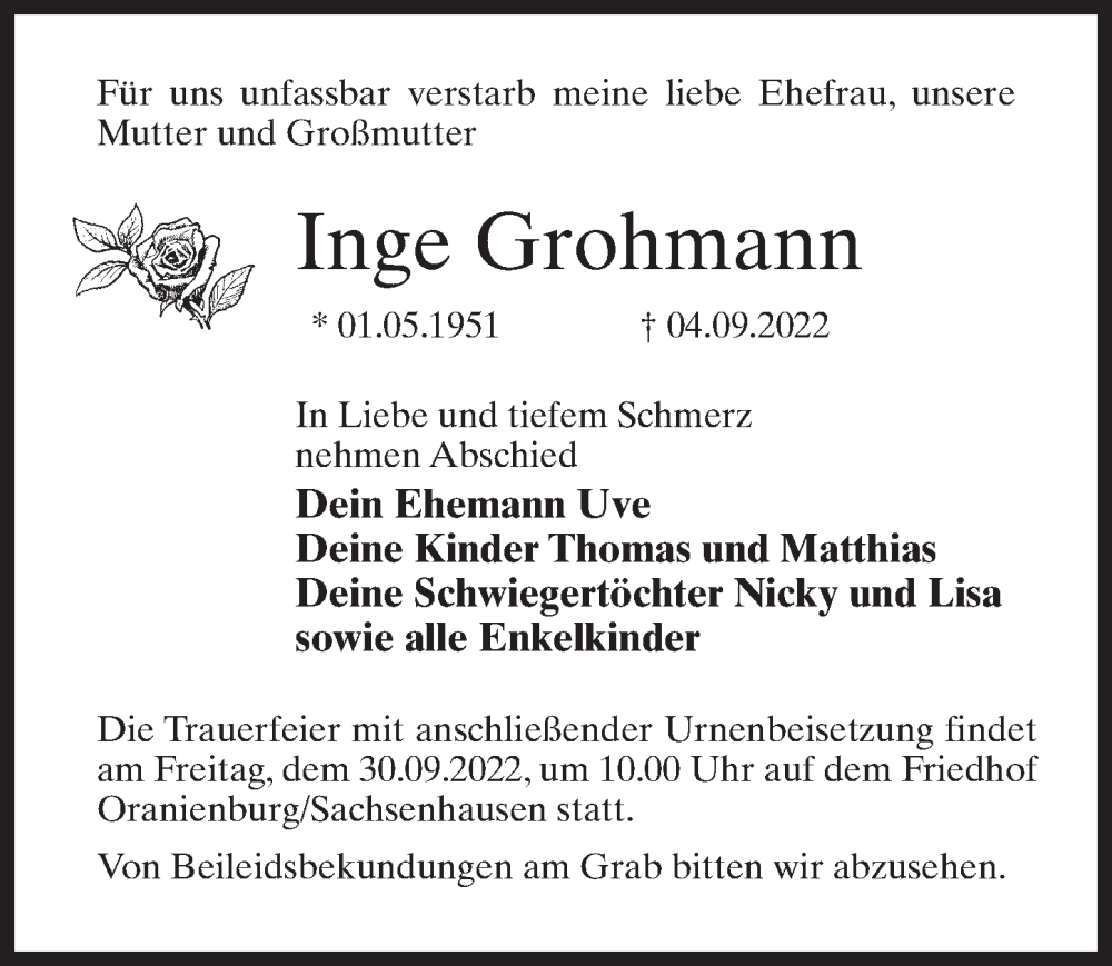  Traueranzeige für Inge Grohmann vom 17.09.2022 aus Märkischen Allgemeine Zeitung