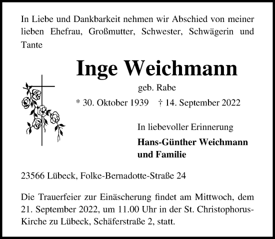Traueranzeige von Inge Weichmann von Lübecker Nachrichten