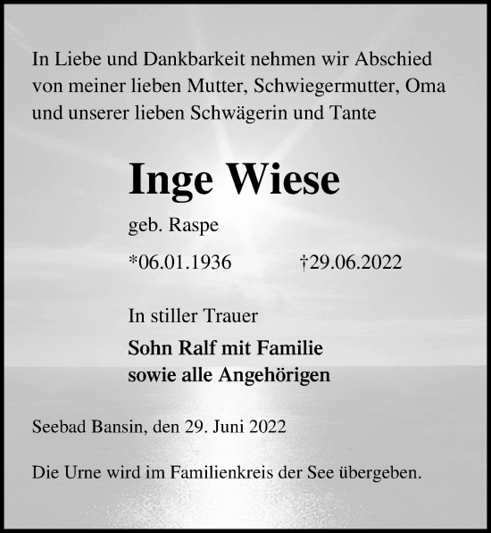 Traueranzeige von Inge Wiese von Ostsee-Zeitung GmbH