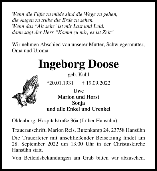 Traueranzeige von Ingeborg Doose von Lübecker Nachrichten