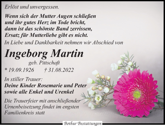 Traueranzeige von Ingeborg Martin von Leipziger Volkszeitung