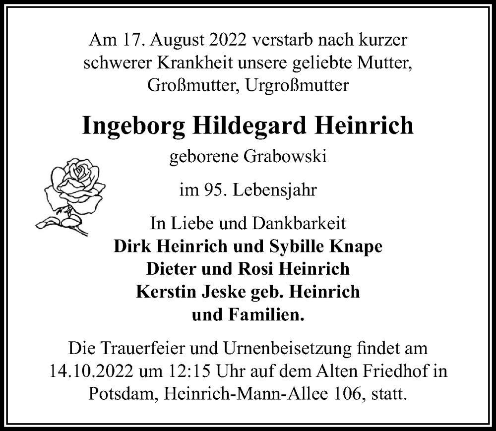  Traueranzeige für Ingeborg Hildegard Heinrich vom 17.09.2022 aus Märkischen Allgemeine Zeitung