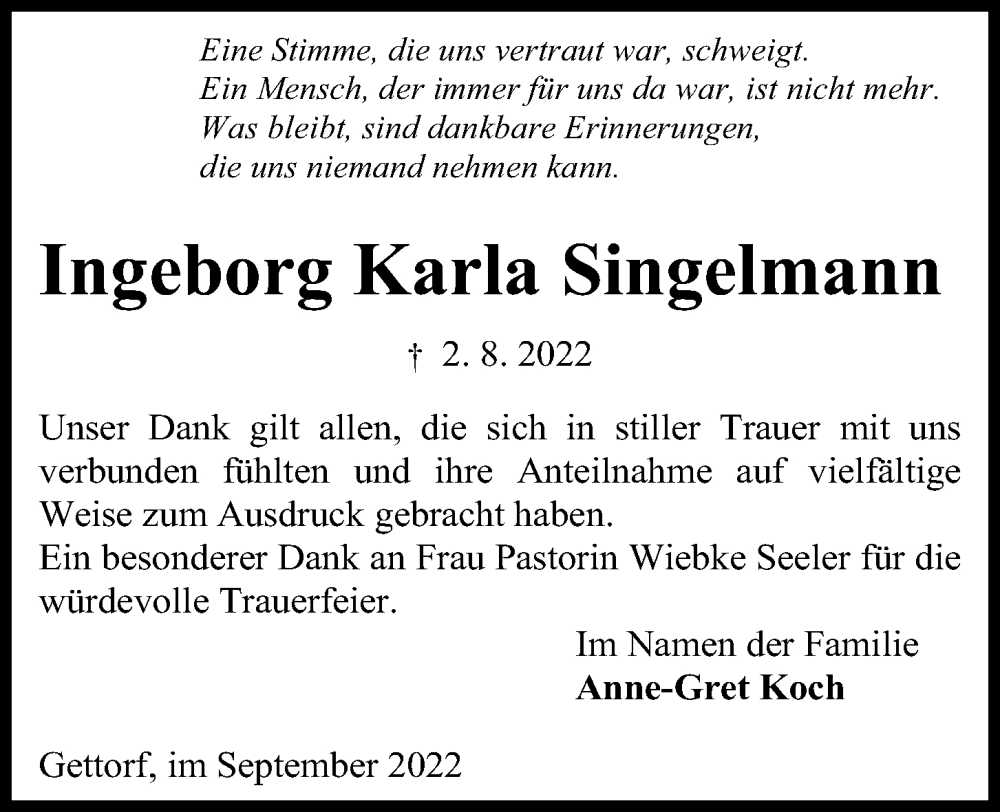  Traueranzeige für Ingeborg Karla Singelmann vom 03.09.2022 aus Kieler Nachrichten