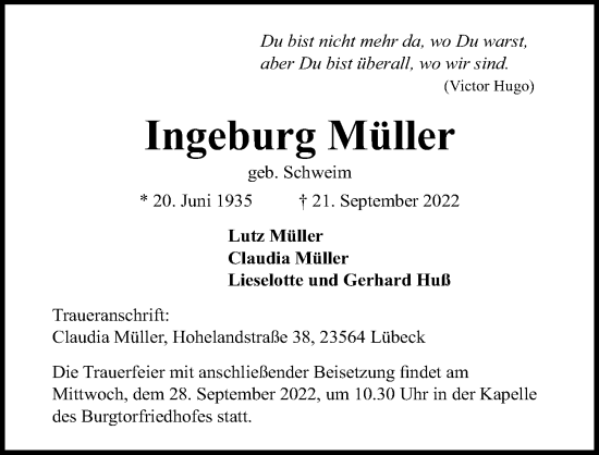 Traueranzeige von Ingeburg Müller von Lübecker Nachrichten