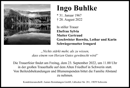Traueranzeige von Ingo Buhlke von Ostsee-Zeitung GmbH