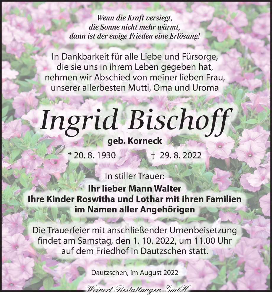  Traueranzeige für Ingrid Bischoff vom 10.09.2022 aus Torgauer Zeitung