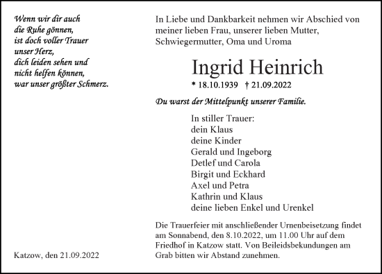 Traueranzeige von Ingrid Heinrich von Ostsee-Zeitung GmbH