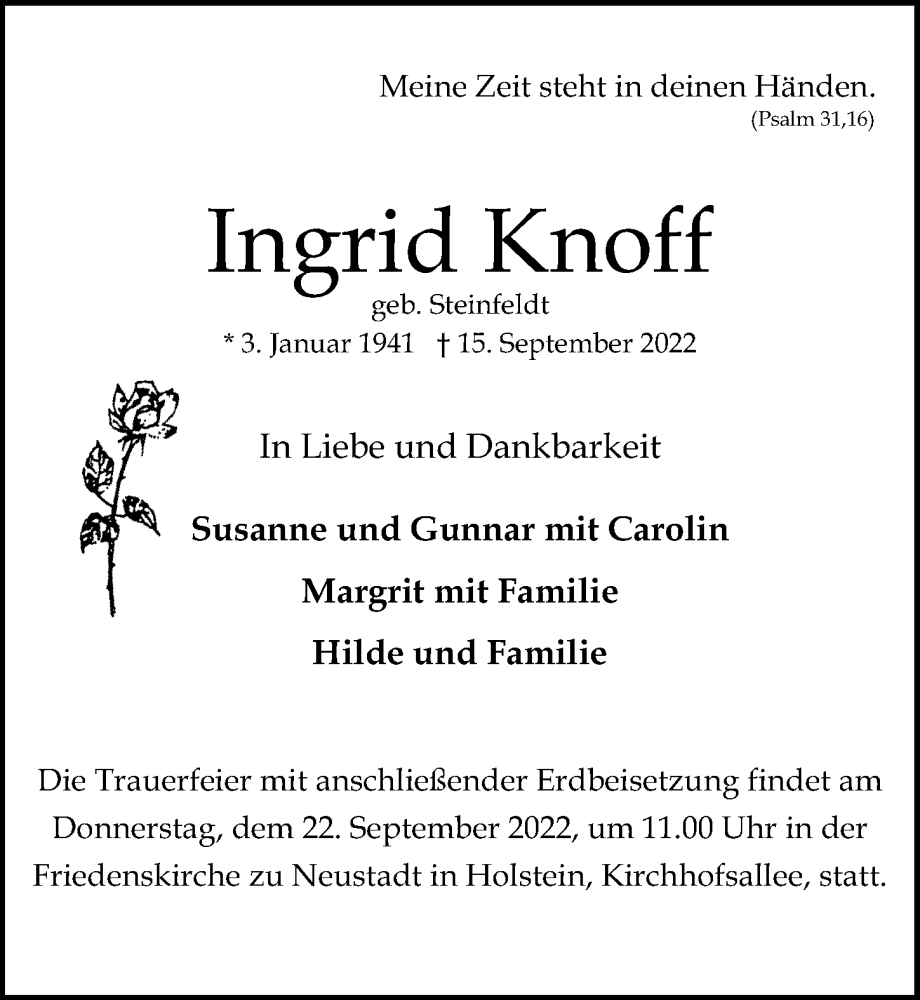  Traueranzeige für Ingrid Knoff vom 20.09.2022 aus Lübecker Nachrichten