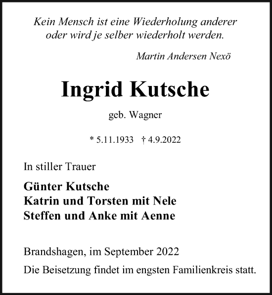 Traueranzeige von Ingrid Kutsche von Ostsee-Zeitung GmbH