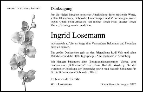 Traueranzeige von Ingrid Losemann von Ostsee-Zeitung GmbH