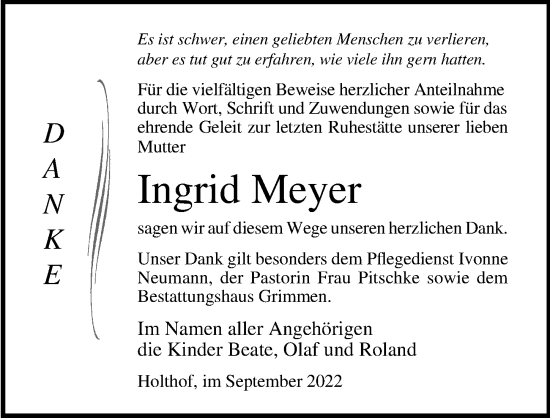Traueranzeige von Ingrid Meyer von Ostsee-Zeitung GmbH