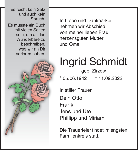 Traueranzeige von Ingrid Schmidt von Ostsee-Zeitung GmbH