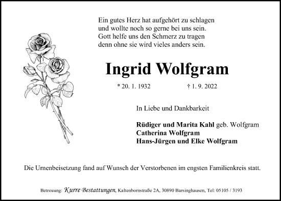 Traueranzeige von Ingrid Wolfgram von Hannoversche Allgemeine Zeitung/Neue Presse
