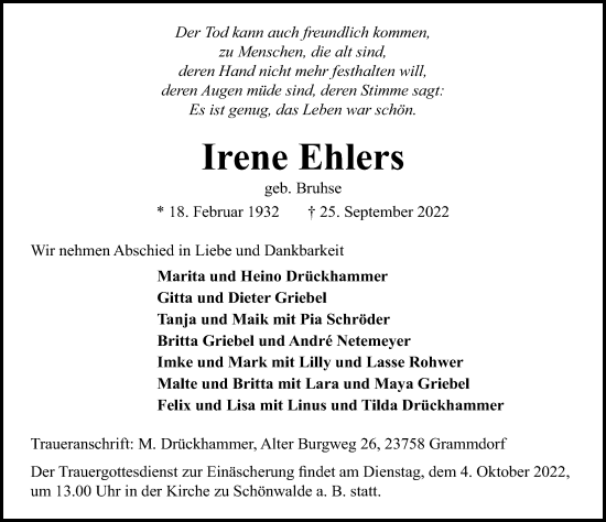 Traueranzeige von Irene Ehlers von Lübecker Nachrichten