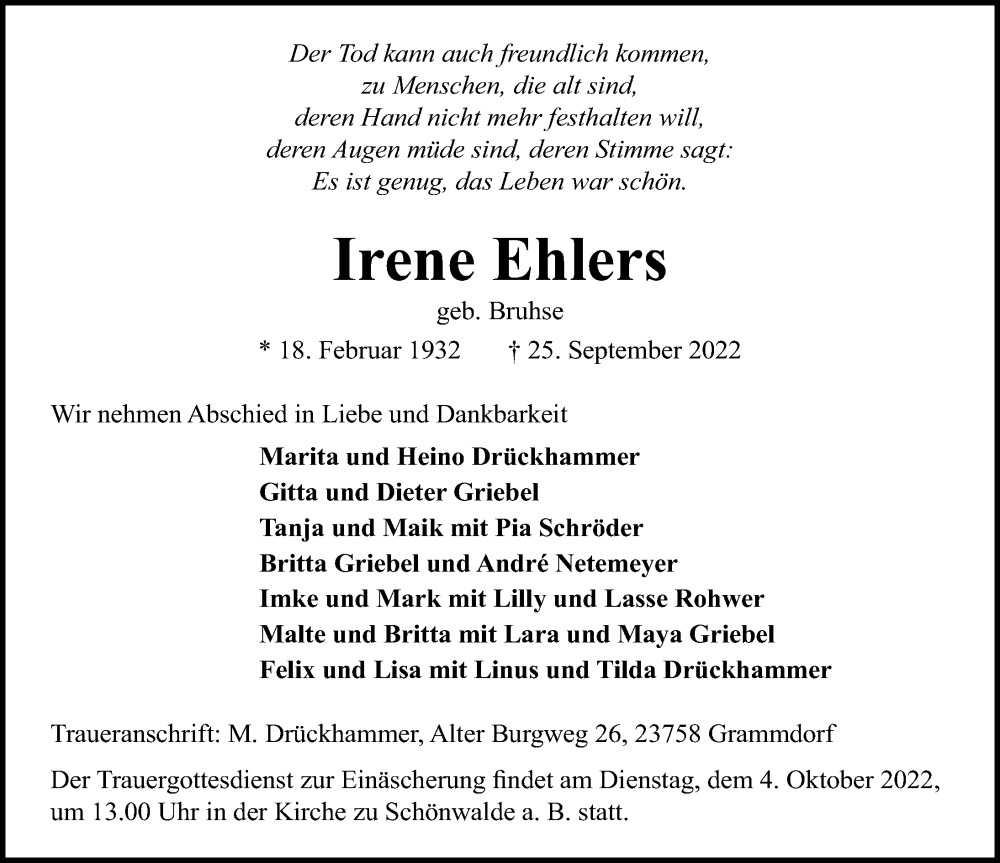  Traueranzeige für Irene Ehlers vom 01.10.2022 aus Lübecker Nachrichten