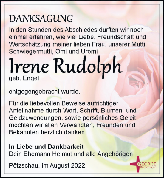 Traueranzeige von Irene Rudolph von Leipziger Volkszeitung