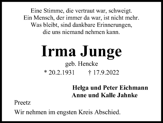 Traueranzeige von Irma Junge von Kieler Nachrichten