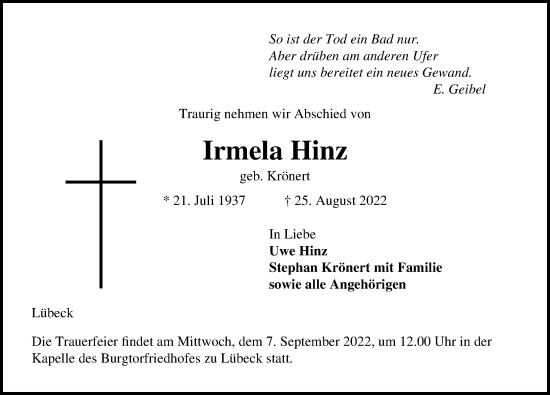Traueranzeige von Irmela Hinz von Lübecker Nachrichten