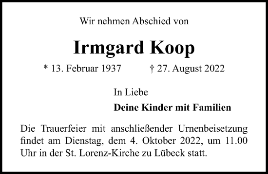 Traueranzeige von Irmgard Koop von Lübecker Nachrichten
