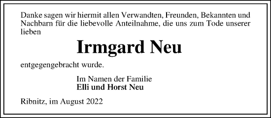 Traueranzeige von Irmgard Neu von Ostsee-Zeitung GmbH