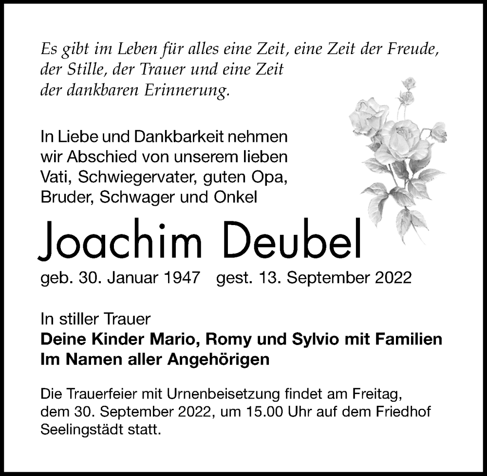  Traueranzeige für Joachim Deubel vom 17.09.2022 aus Leipziger Volkszeitung